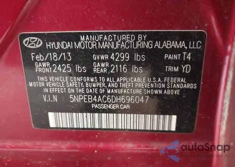 2013 Hyundai Sonata Gls z USA, uszkodzony, nr VIN 5NPEB4AC6DH696047